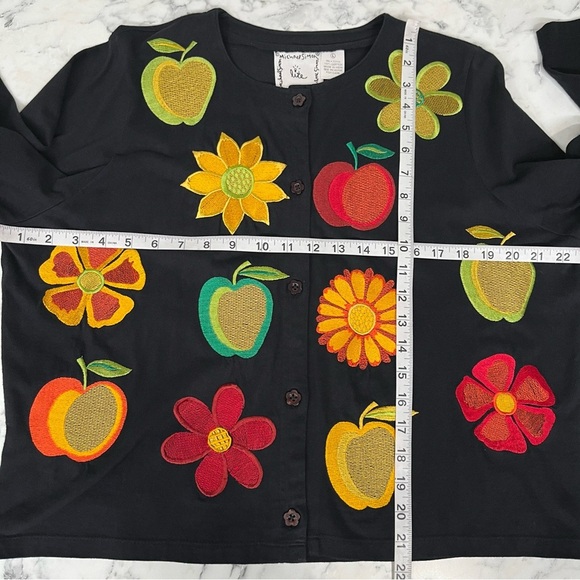 Michael Simon "lite" Black Cardigan Jacket Embroidered Fruit Novelty Print Large - Picture 7 of 8